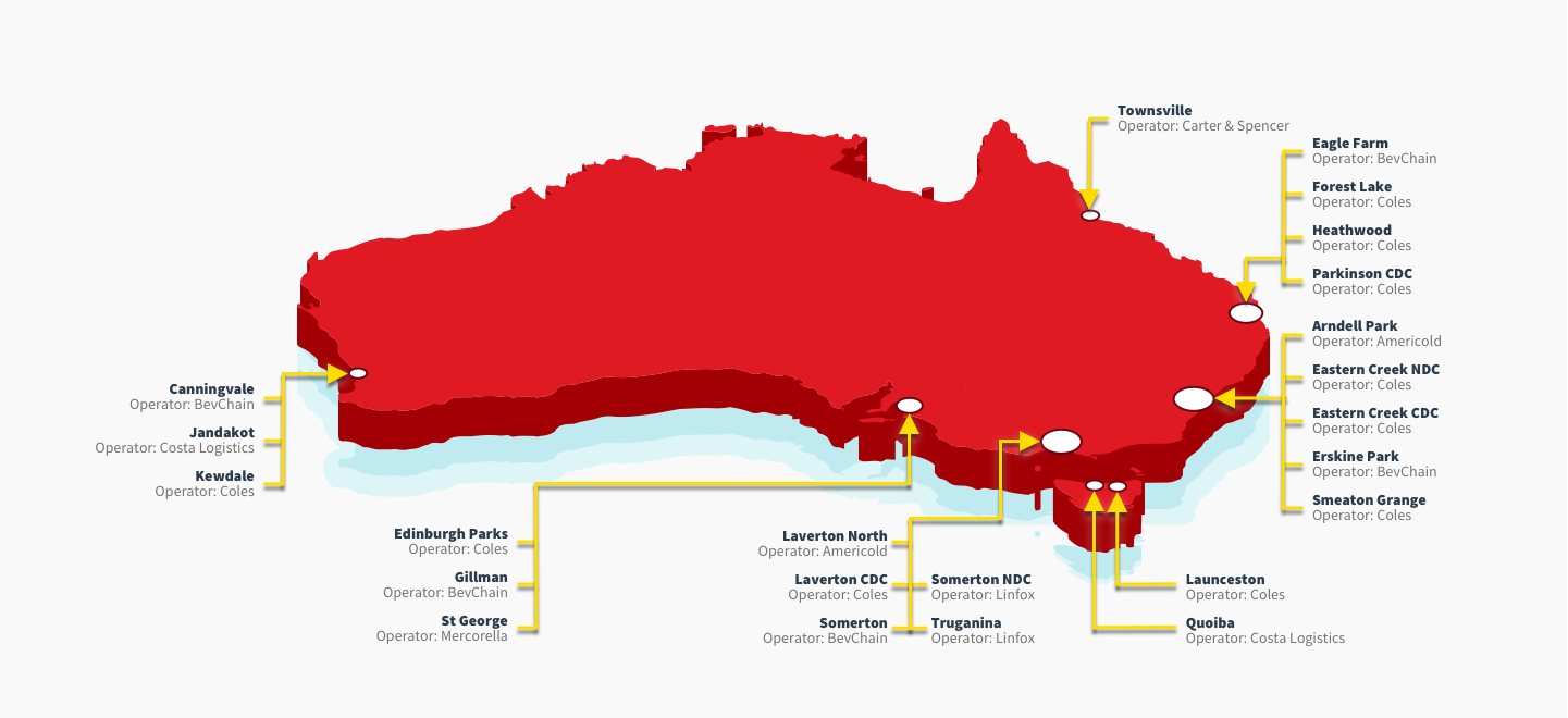 Coles Distribution centres,
                    Townsville Operator: Carter and Spencer,
                    Eagle Farm Operator: BevChain,
                    Forest Lake Operator: Coles,
                    Heathwood Operator: Coles,
                    Parkinson CDC Operator: Coles,
                    Arndell Park Operator: Americol,
                    Eastern Creek NDC Operator: Coles,
                    Eastern Creek CDC Operator: Coles,
                    Erskine Park Operator: BevChain,
                    Smeaton Grange Operator: Coles,
                    Launcention Operator: Coles,
                    Quoiba Operator: Costa Logistics,
                    Laverton North Operator: Americold,
                    Laverton CDC Operator: Coles,
                    Somerton Operator: BevChain,
                    Somerton NDC Operator: Linfox,
                    Truganina Operator: Linfox,
                    Edinburgh Parks Operator: Coles,
                    Gillman Operator: BevChain,
                    St George Operator: Mercorella,
                    Canninvalue Operator: BevChain,
                    Jandakot Operator: Costa Logistics,
                    Kewdale Operator: Coles